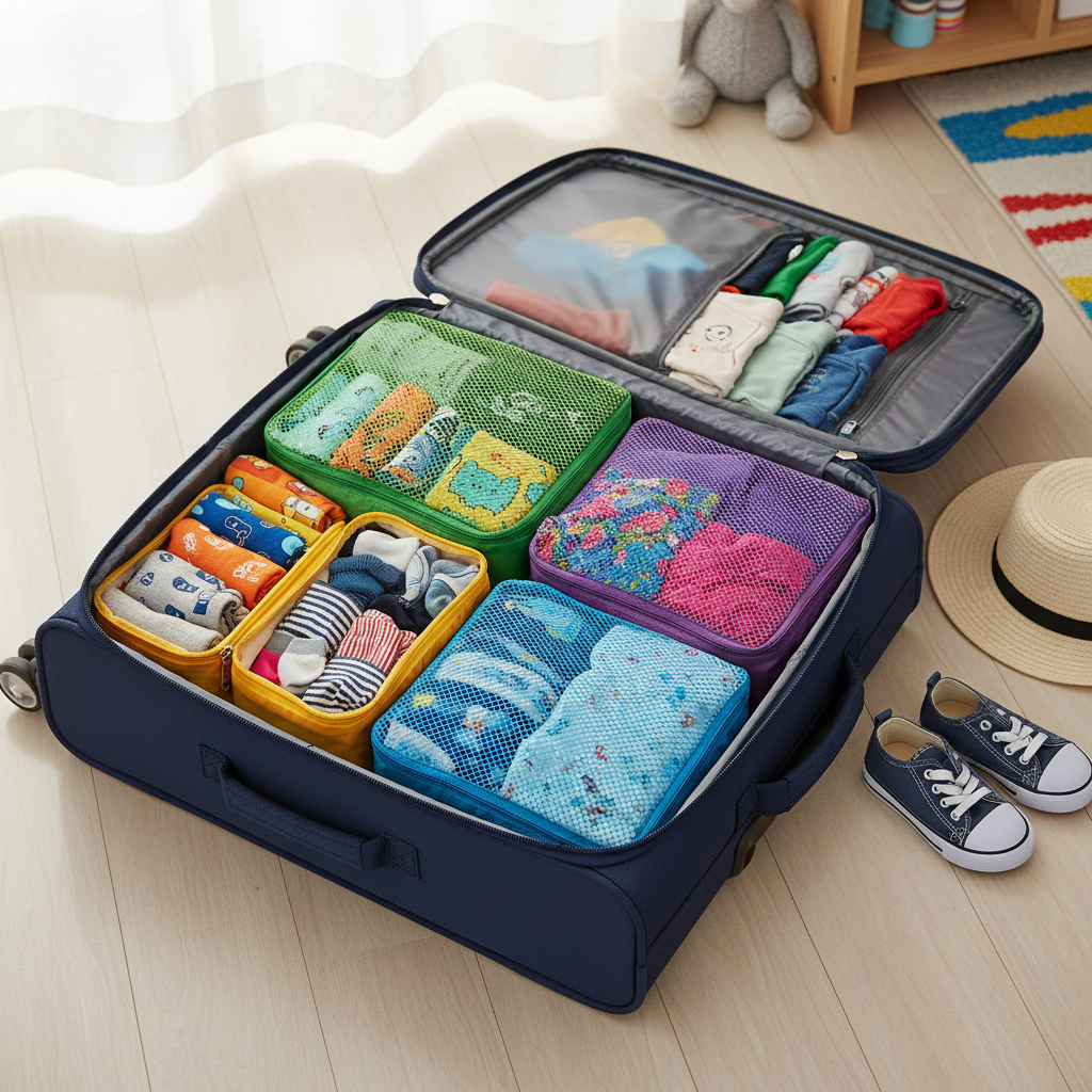 Kids travel clothes organized in packing cubes Kids road trip clothes organized in packing cubes inside open suitcase for family vacation