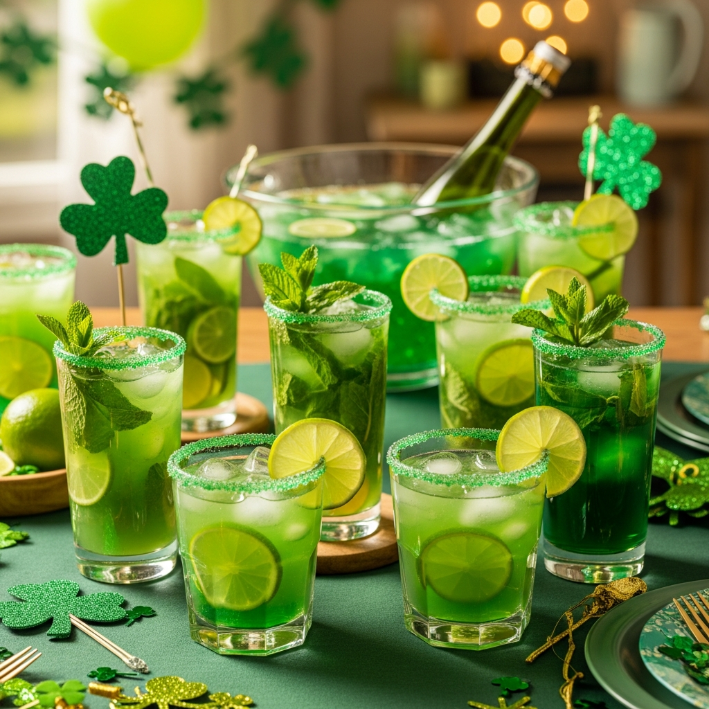 Festliche St. Patrick's Day Party-Getränke-Auslage St. Patrick's Day Getränke grüne Cocktails Mocktails für Familienparty