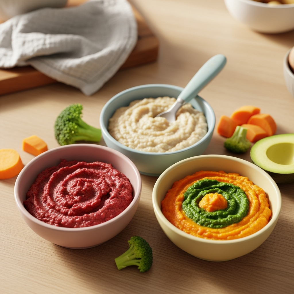 Eisenreiche erste Nahrungsmittel für Babys, einschließlich püriertem Fleisch und angereichertem Haferbrei