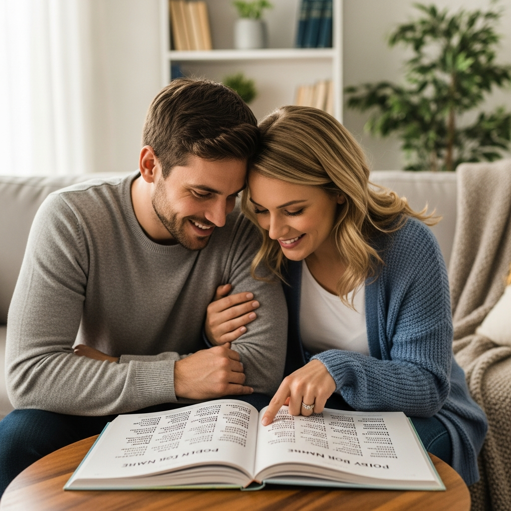 Parents choosing popular baby boy names together in cozy home