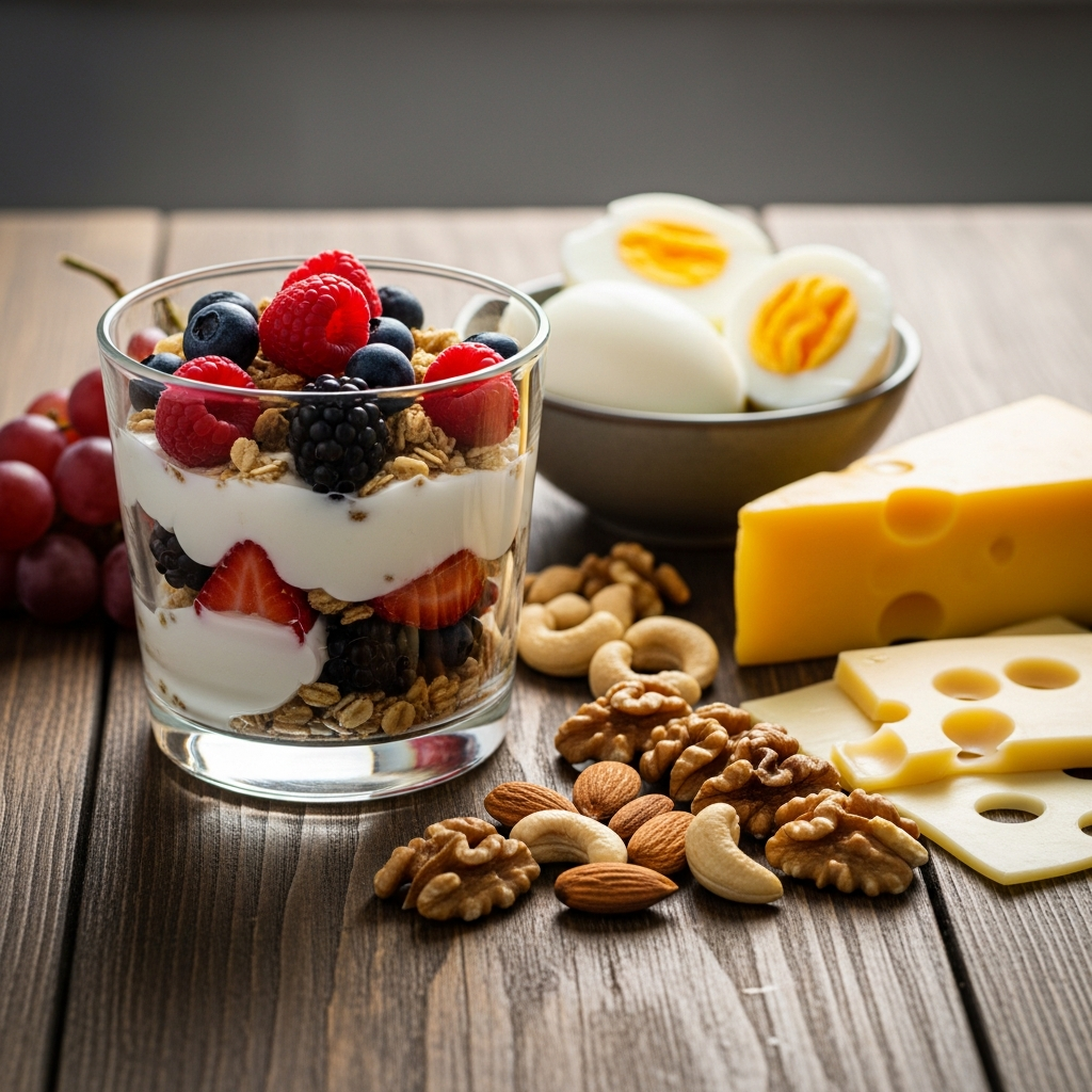 Proteinreiche Schwangerschafts-Snacks einschließlich Griechischem Joghurt und Nüssen für anhaltende Energie