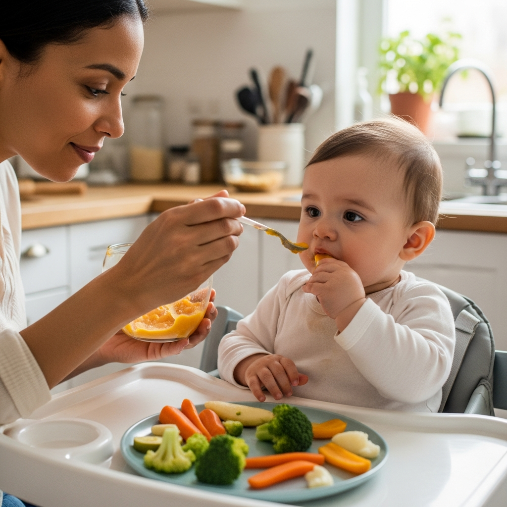 BLW und Brei-Kombinationsfütterung bei der Familienmahlzeit Familienmahlzeit mit Baby-led Weaning und Brei-Kombinationsfütterung, Eltern und Baby essen zusammen