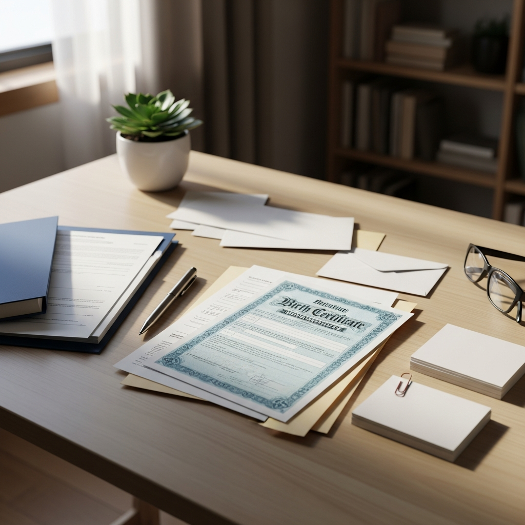 Baby name change document checklist with organized paperwork