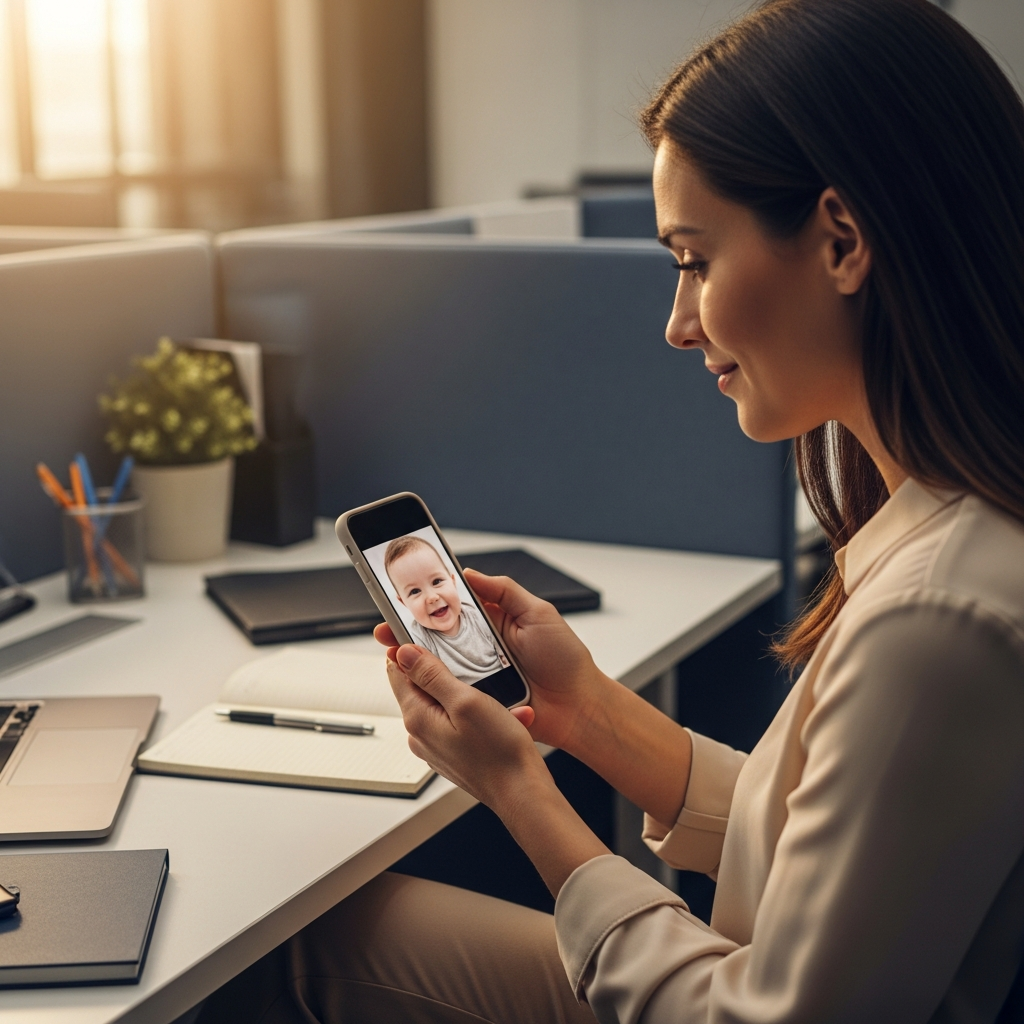Maman travaillant qui regarde une photo de bébé sur son téléphone pendant qu'elle est à son bureau et ressent de la culpabilité de maman