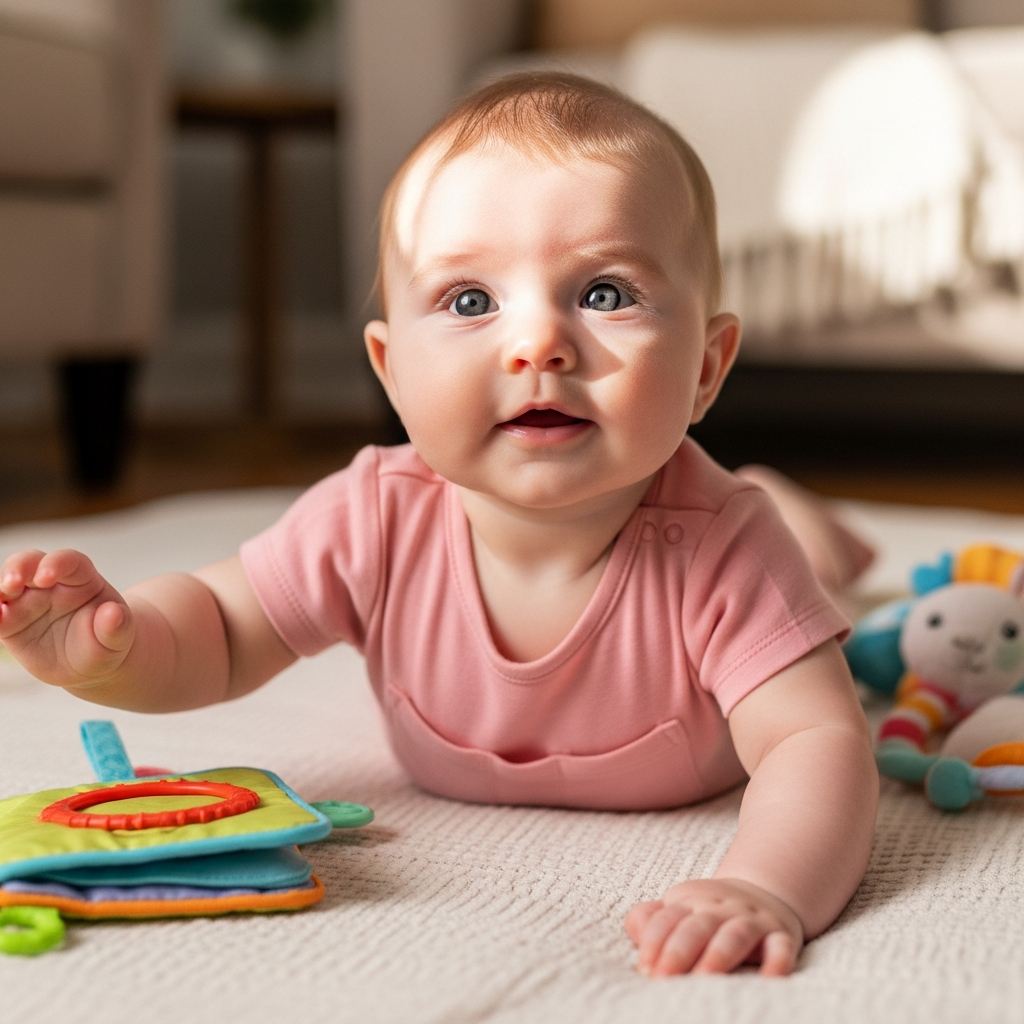 Baby-Mädchen entwickelt Motorik in bequemem Strampler Aktives Baby-Mädchen 3-6 Monate bei der Bauchzeit in rosa Strampler