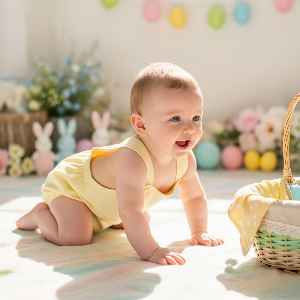 Bébé d’un an rampant vers le panier de Pâques en séance photo