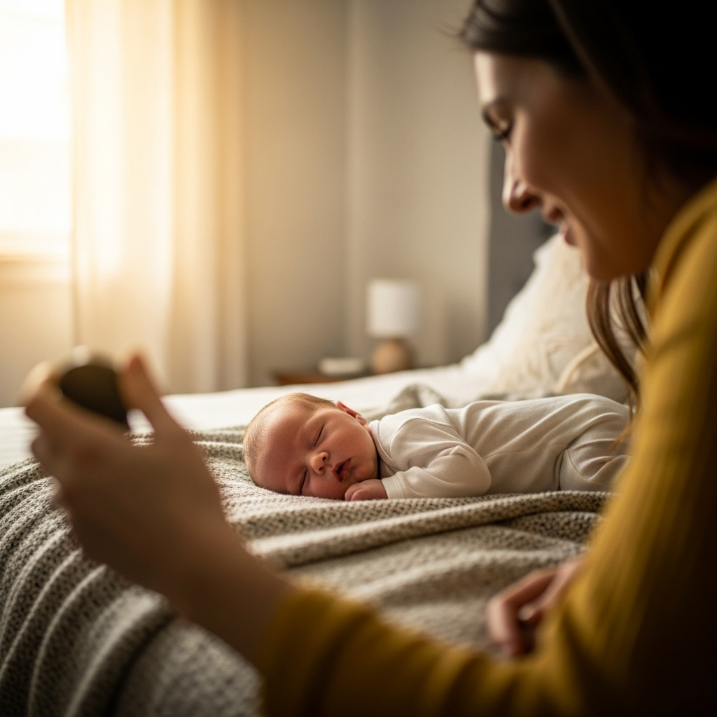Best time to schedule DIY newborn photo shoot at home with sleeping baby in natural morning window light