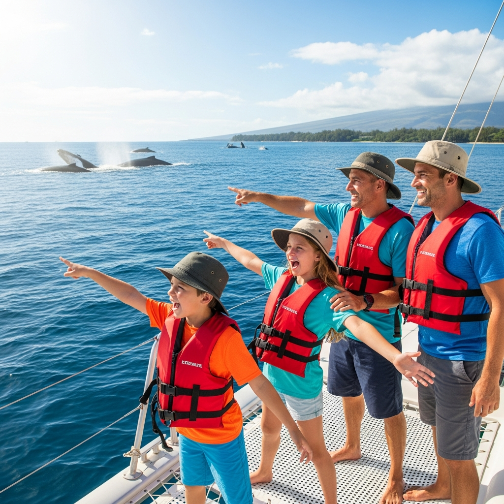 Happy family with children on Maui whale watching catamaran tour boat