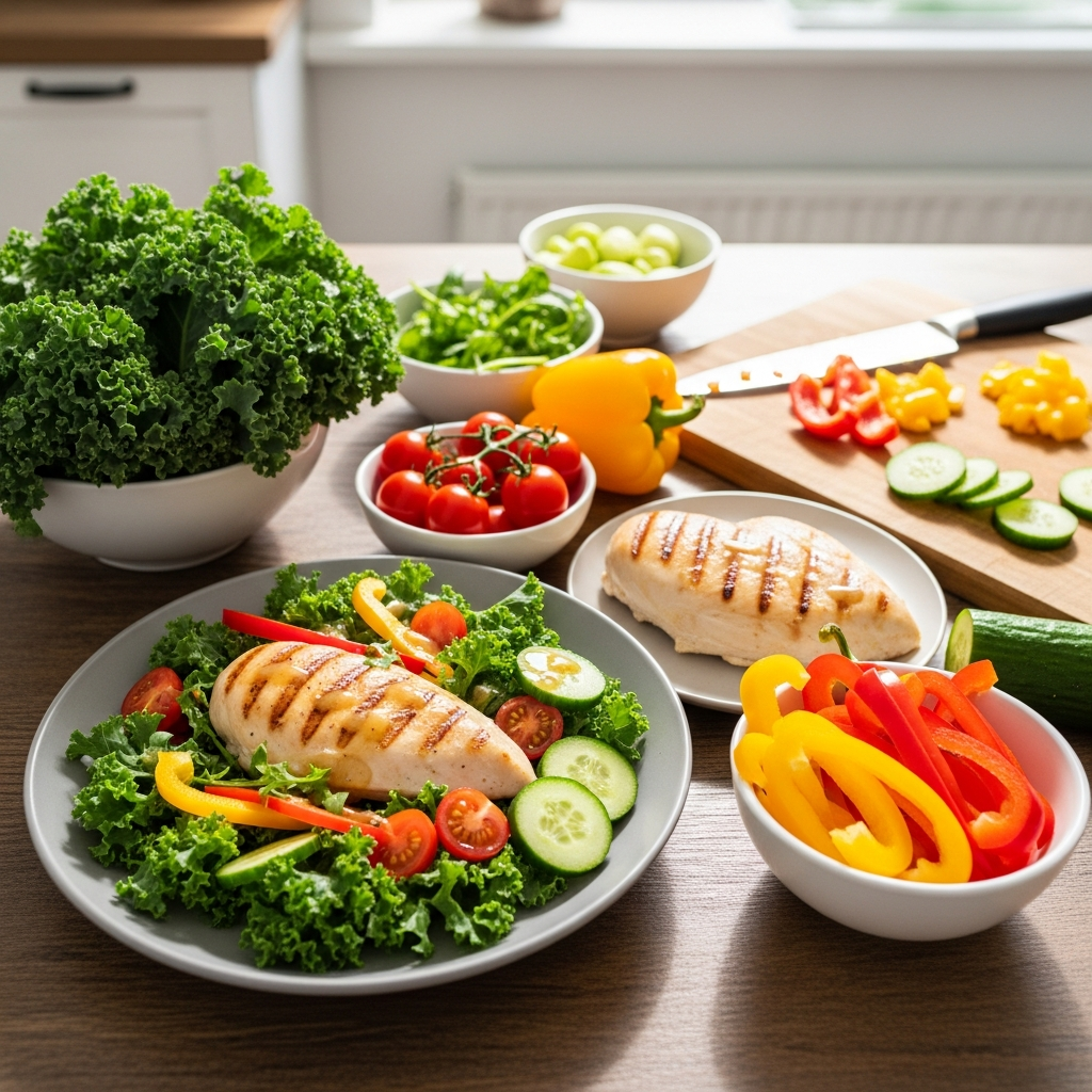 Vitamin-K-Schwangerschaftsmahlzeit mit Grünkohlsalat und gegrilltem Hähnchen für die Ernährung im dritten Trimester