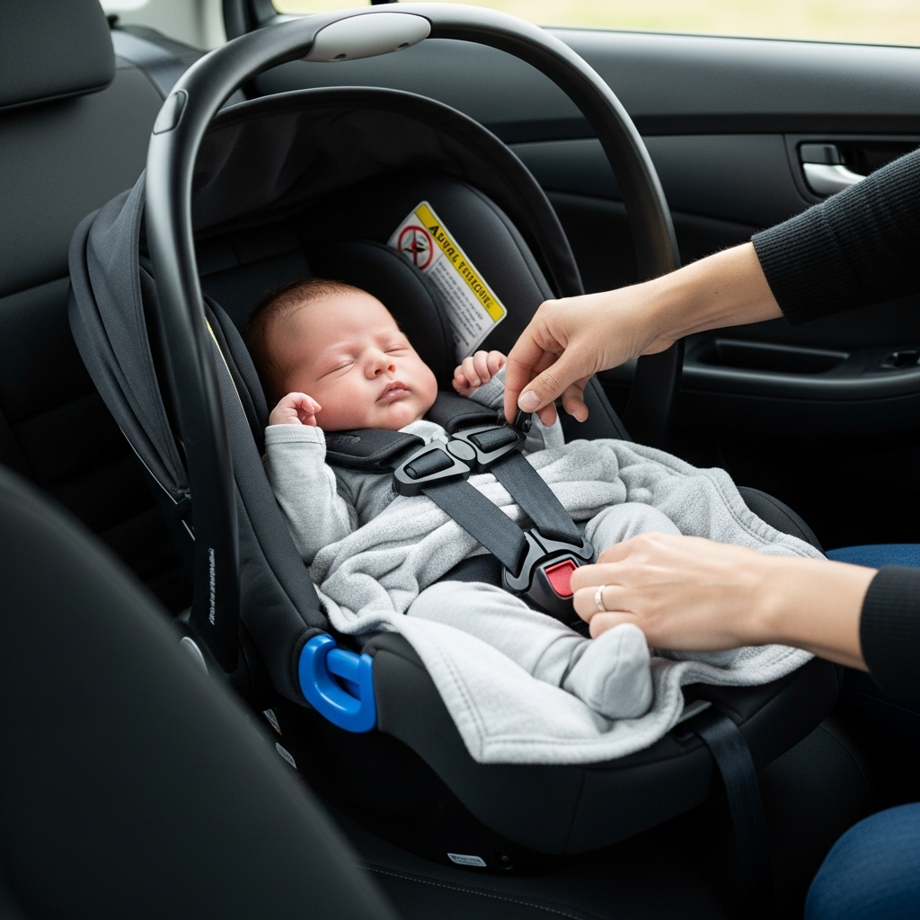 Vêtements sécuritaires pour siège auto pour nouveau-nés montrant un ajustement correct du harnais