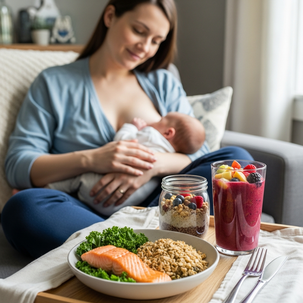 Nutrición para la lactancia después de un parto por cesárea Madre en posparto amamantando con alimentos nutritivos de la dieta de recuperación tras cesárea para la cicatrización