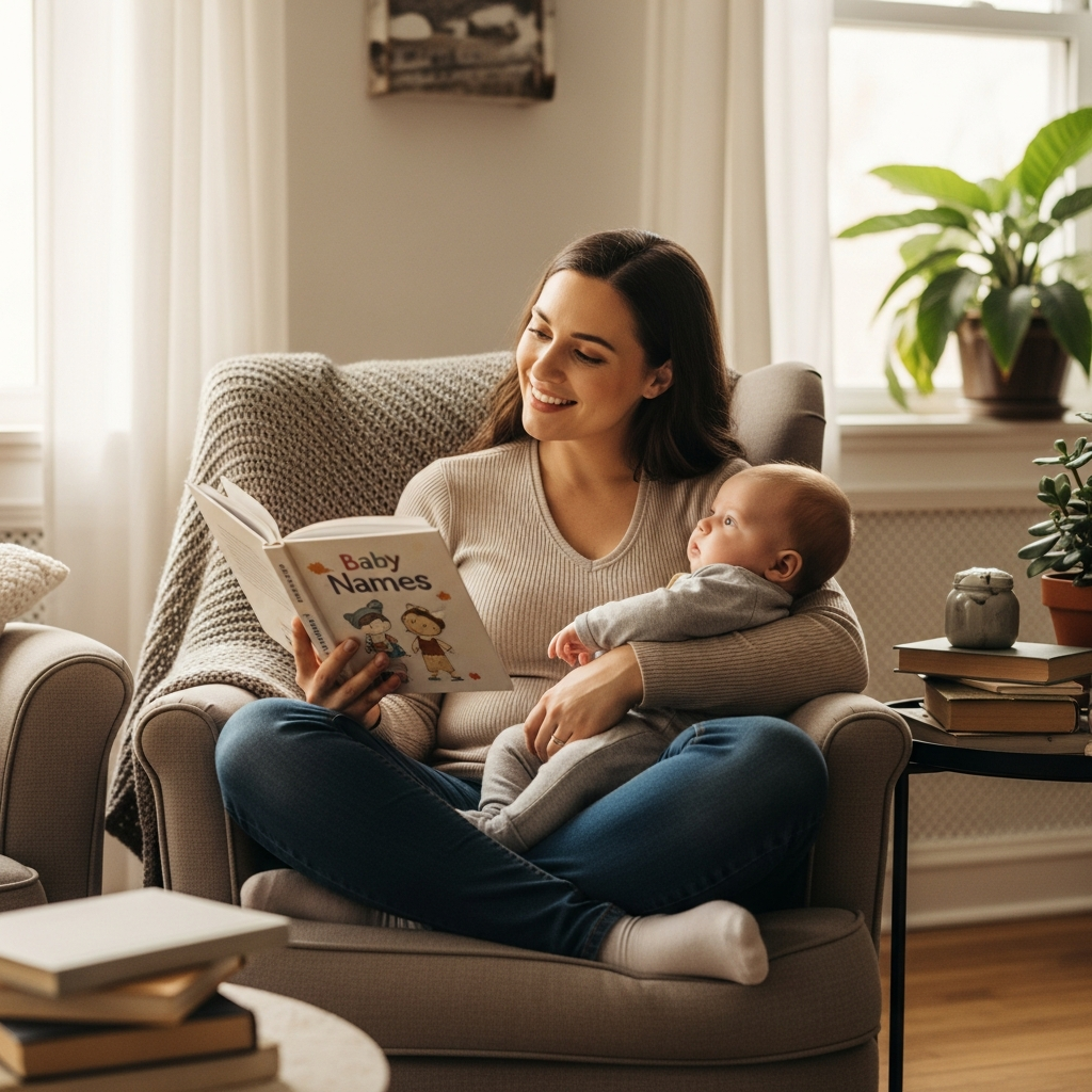Popular J names for baby girls illustration Mother reading baby name book with infant - popular J names guide