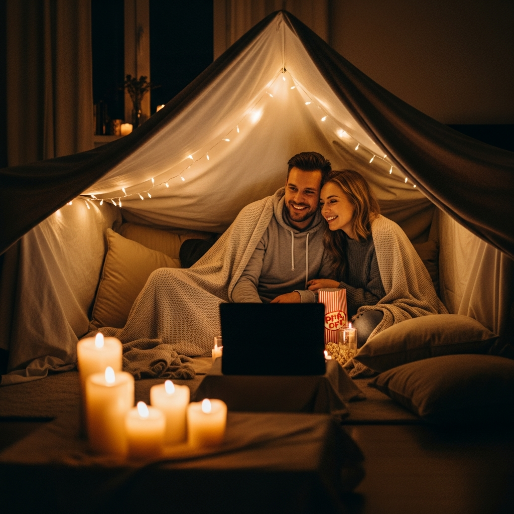 Gemütliche Valentinstag-Date-Night-Ideen Romantischer Date-Abend zu Hause mit gemütlichem Deckenfort und Lichterketten