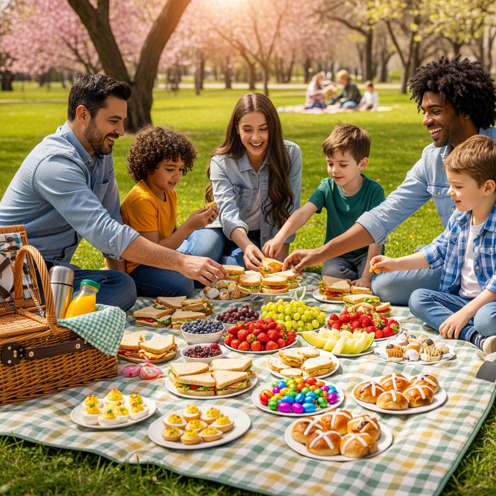 Étalage de pique-nique familial de Pâques sur une couverture avec des aliments printaniers festifs