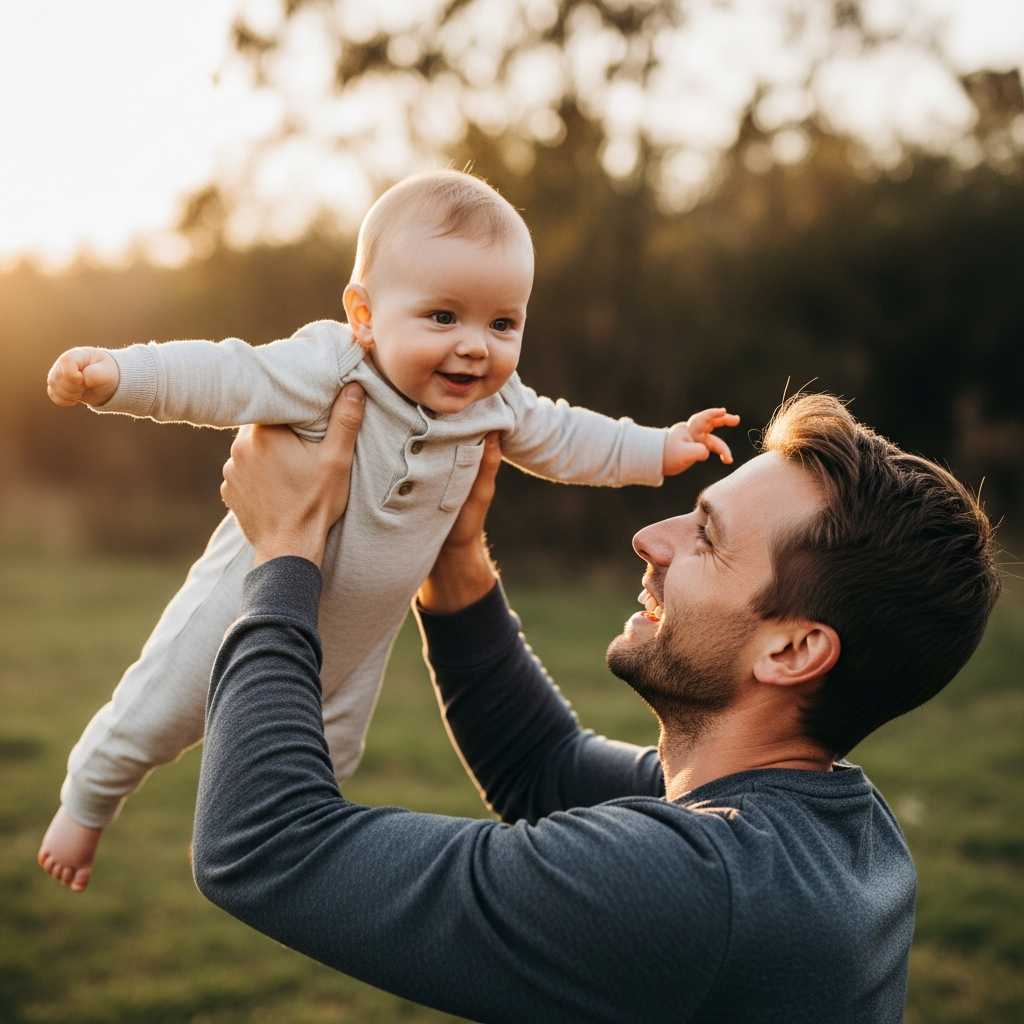 Guía de nombres de bebé niño de Toy Story Padre y niño bebé jugando juntos representando nombres de niño de Toy Story como Woody y Buzz