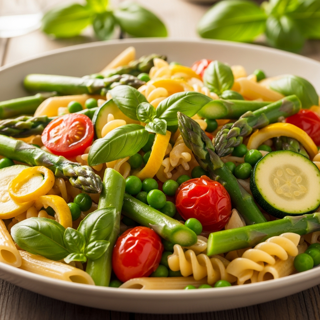 Klassische saisonale Pasta Primavera Lebendig Pasta Primavera mit bunten Frühlingsgemüse und Basilikum