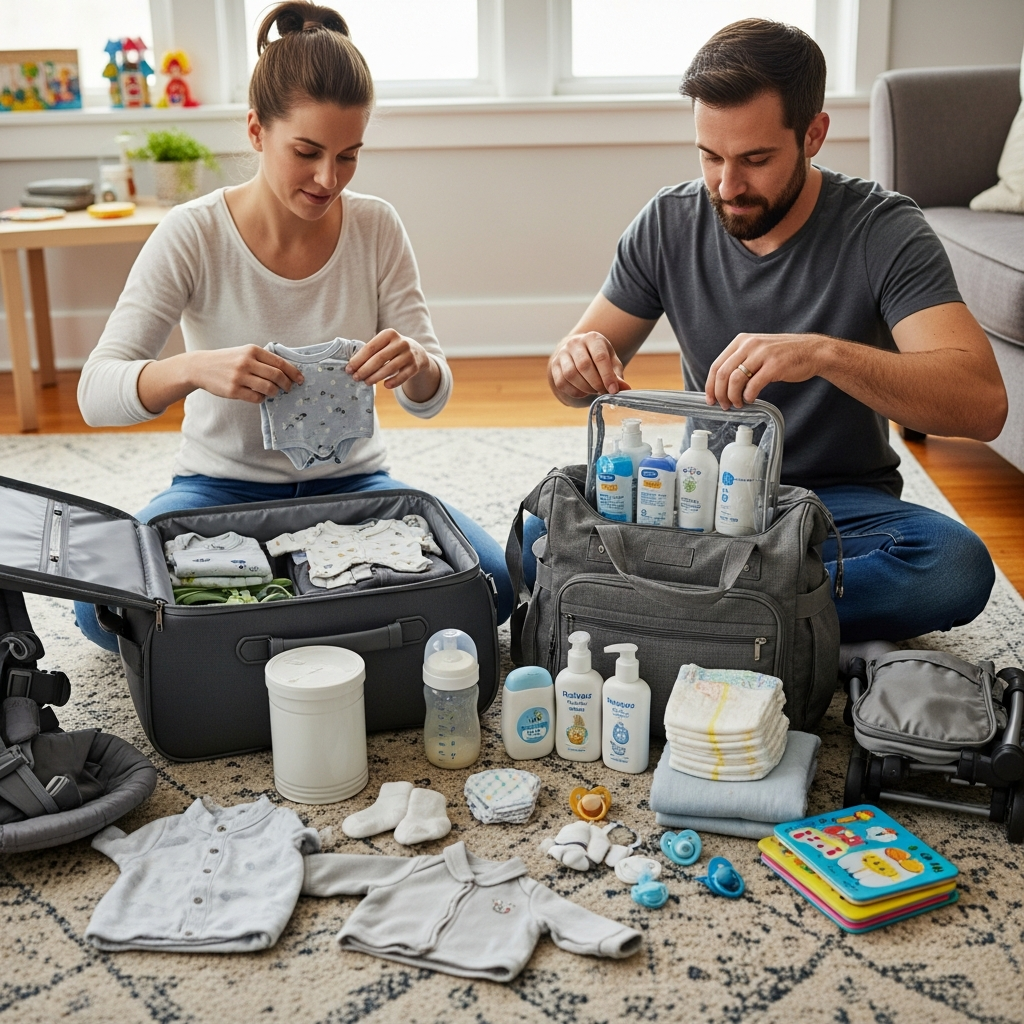 Eltern packen Babyreisetaschen für Flugzeug und Auto