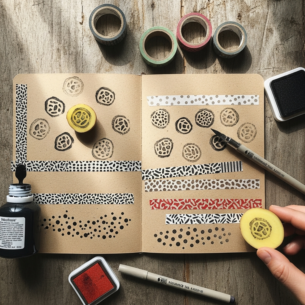 DIY kraft paper decorated with stamps and washi tape patterns