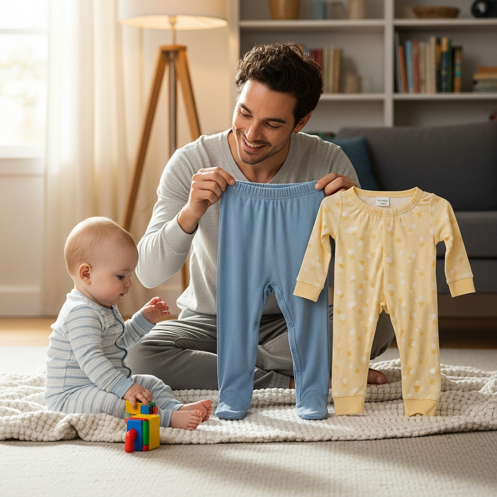 Stretchy pajamas fitting different baby body types Parent caring for baby demonstrating stretchy pajamas for different body types