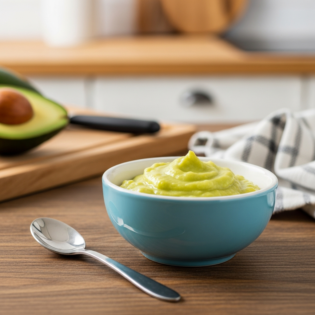 Preparación simple de puré de aguacate en tazón para bebé de 6 meses