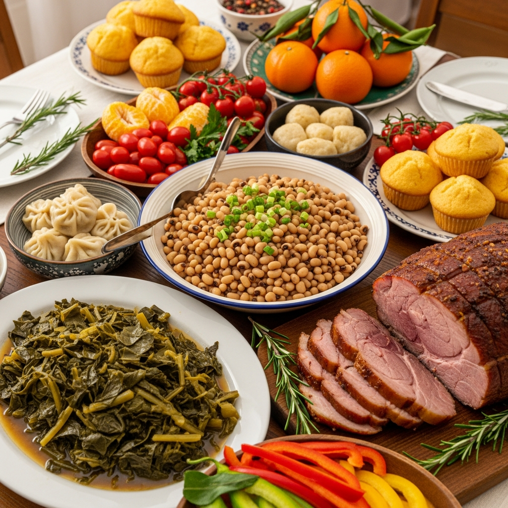 Traditional New Year's lucky foods spread for family celebrations