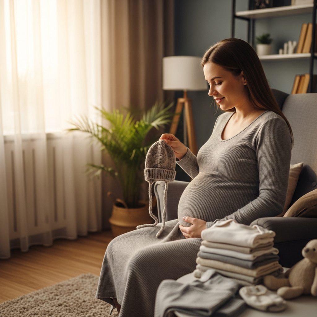 Freudvolle Schwangerschafts-Selbstfürsorge und Babysvorbereitung Schwangere Frau genießt friedlichen Selbstfürsorge-Moment bei der Vorbereitung auf die Ankunft des Babys