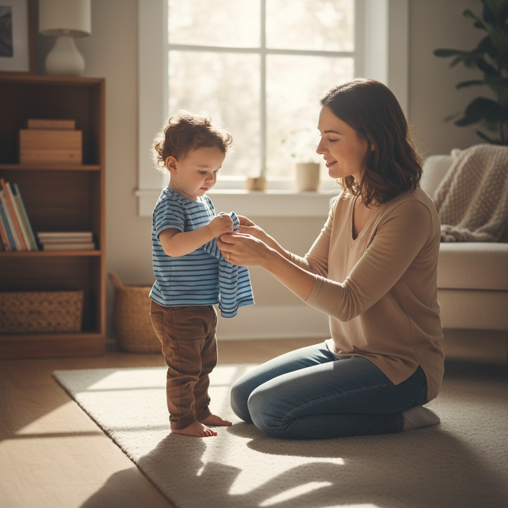Parent teaching toddler to dress themselves step by step, backward chaining method for kids dressing independence