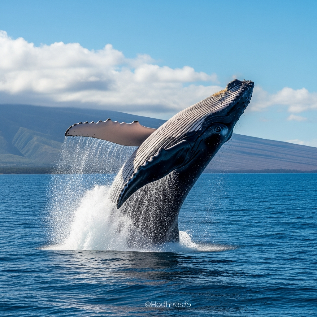 Spectacular humpback whale breaching near Maui coastline Hawaii