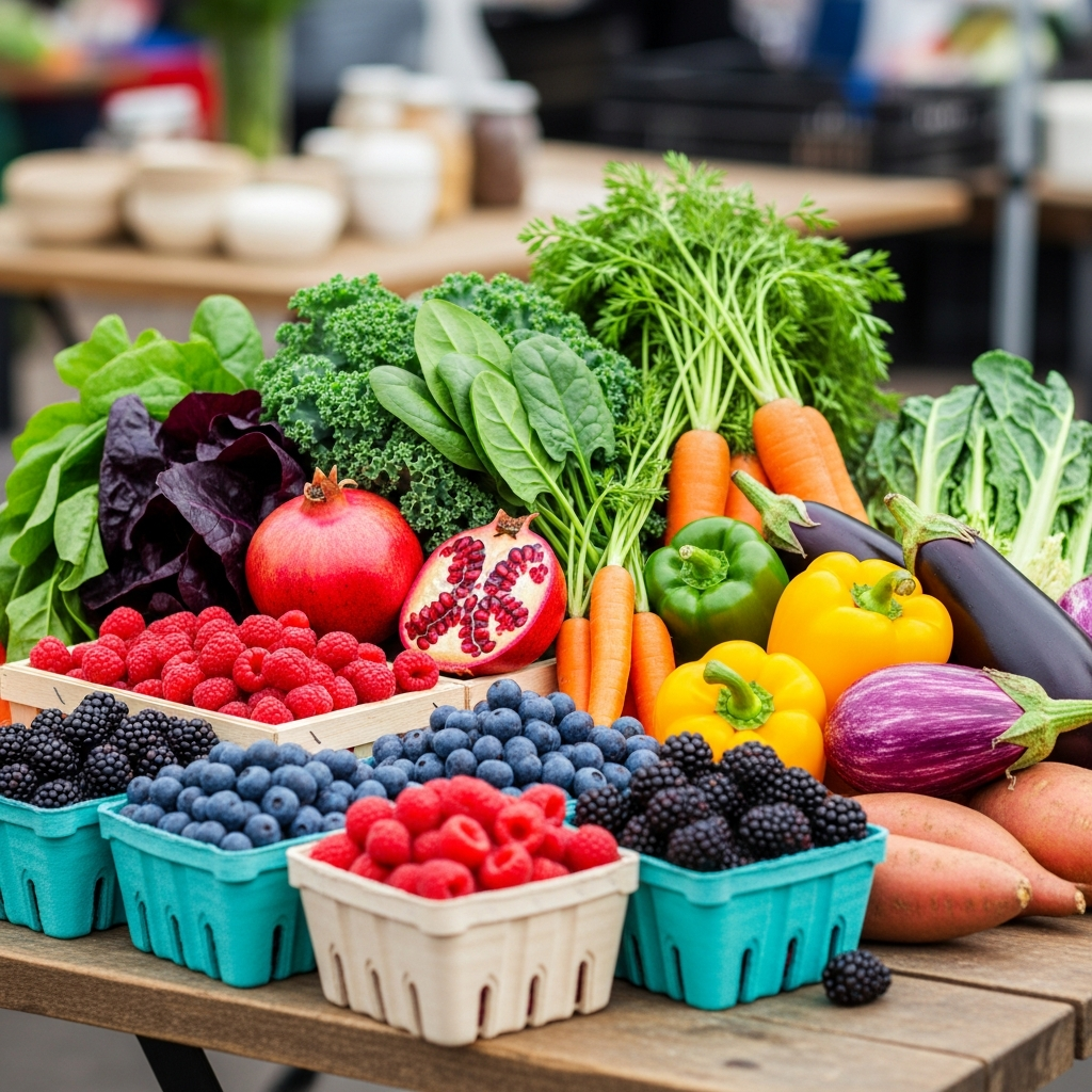 Bunte saisonale Superfoods für die Fruchtbarkeits-Ernährung Saisonale Fruchtbarkeits-Superfoods einschließlich frischer Beeren und Blattgemüse