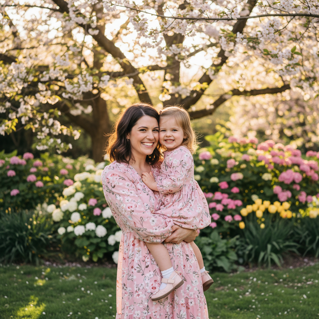 Mother and daughter in matching pink floral spring dresses posing for family photos in spring garden