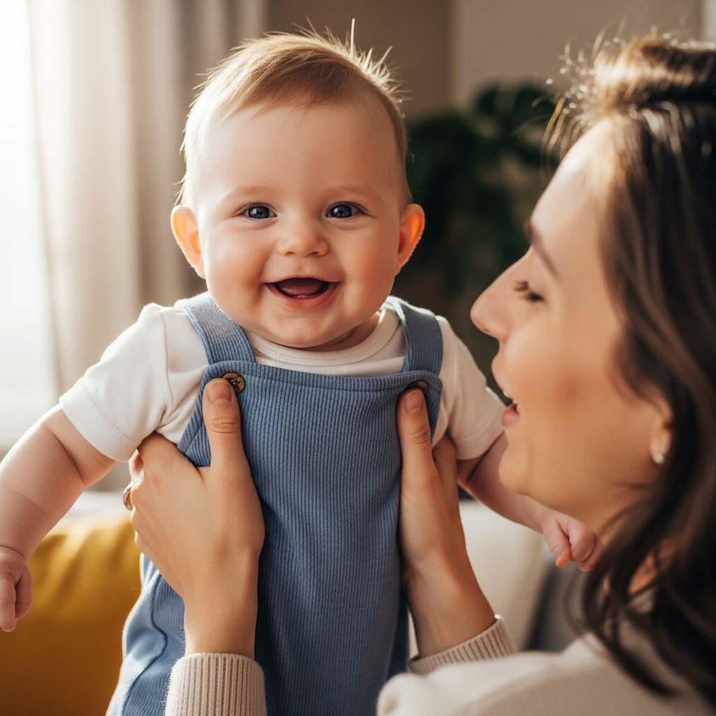 Padre celebrando hito de crecimiento del bebé con talla adecuada de pelele