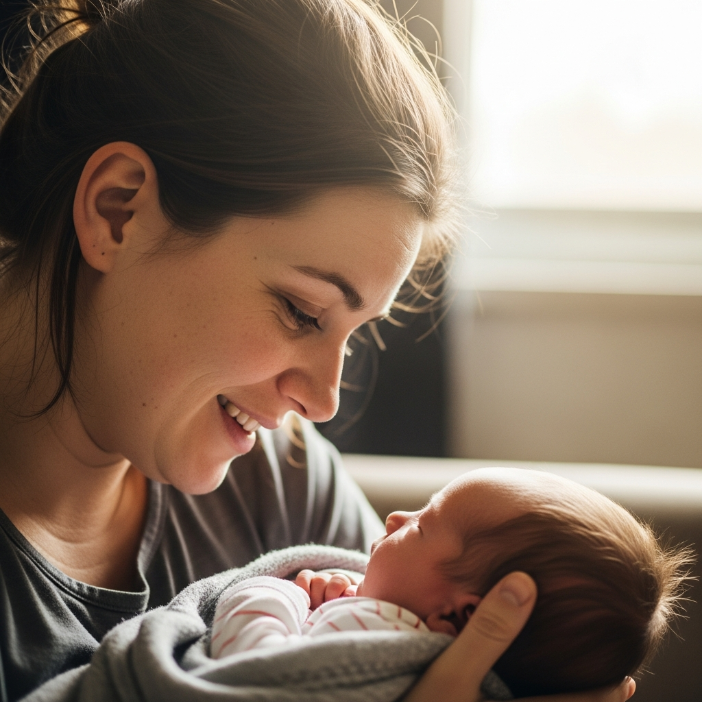 conseils de survie première fois maman nouveau-né — parent fatigué mais épanoui avec bébé nouveau-né