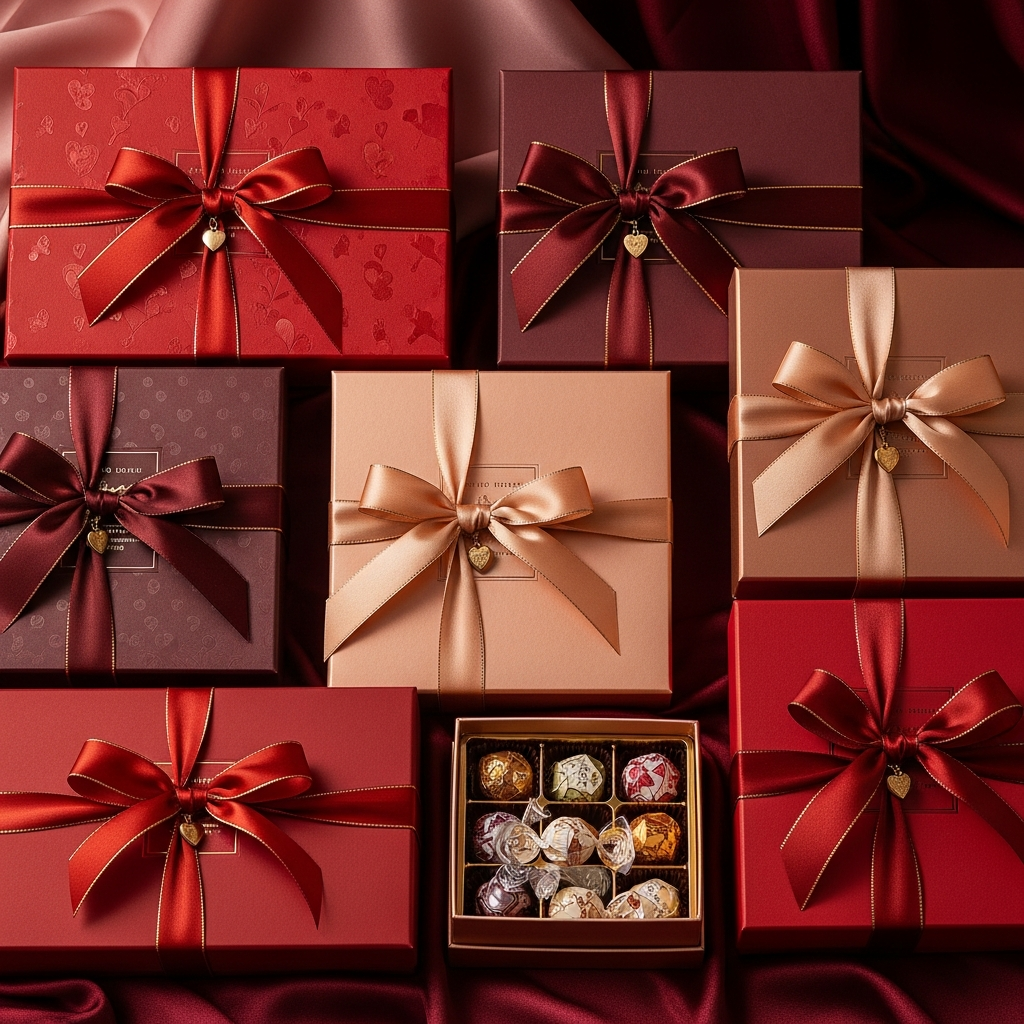 Luxury chocolate gift boxes with elegant ribbons for Valentine's Day celebrations