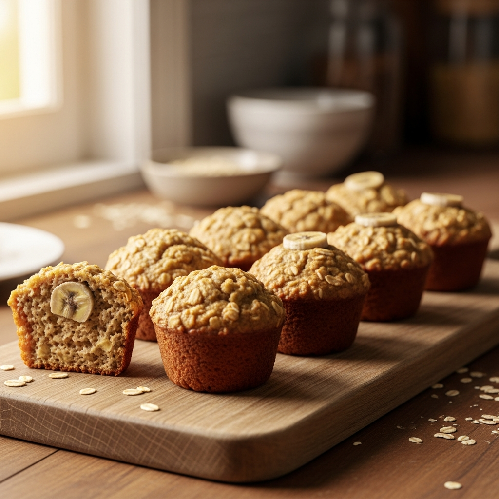 How to serve mini muffins to babies by age showing halved and whole portions on wooden board for safe baby-led weaning