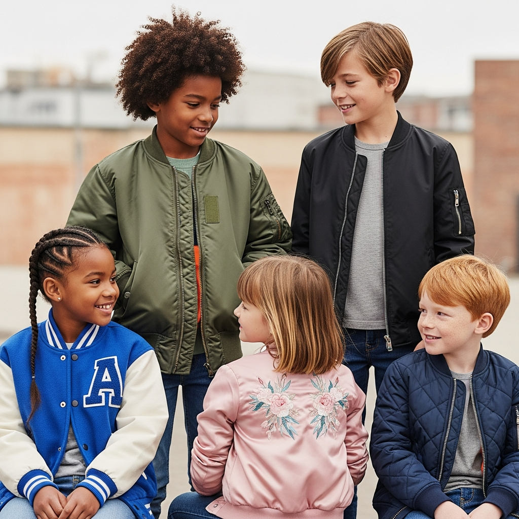 Different kids bomber jacket styles including military MA-1 and varsity