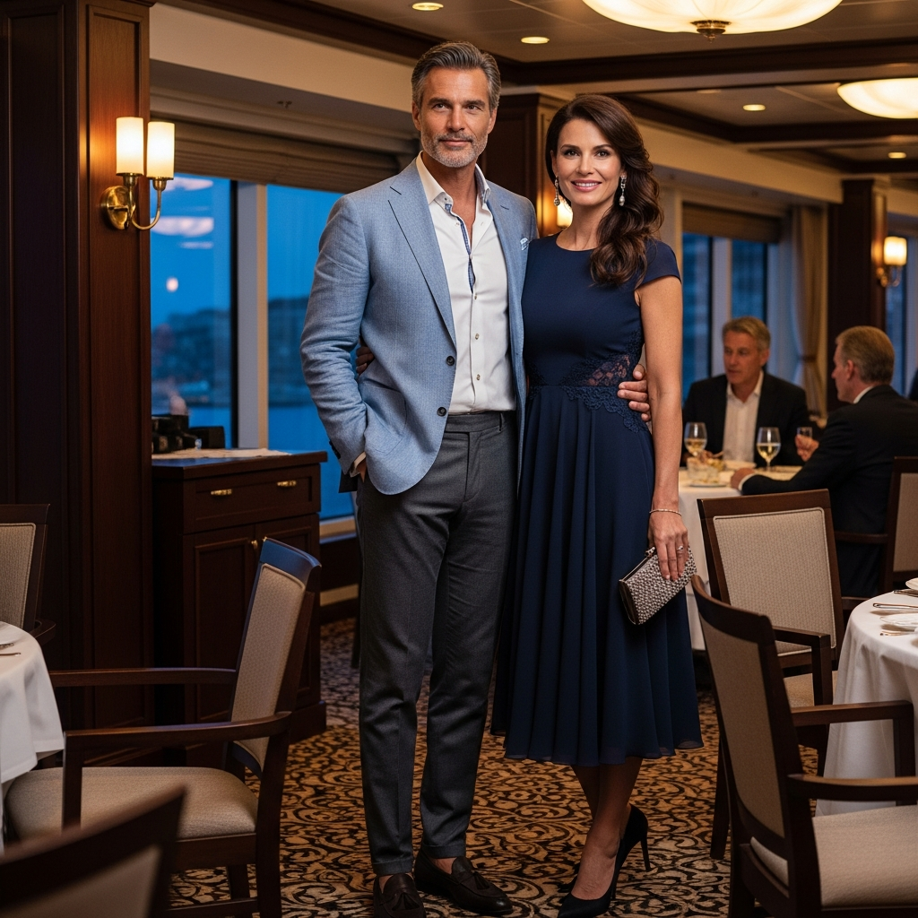 Elegant formal night outfits for Mediterranean cruise Mediterranean cruise formal dinner outfit elegant couple in evening wear at cruise ship dining room