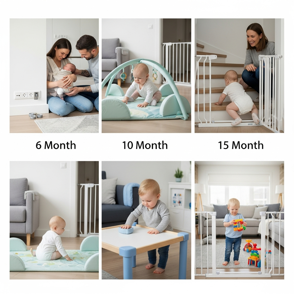 baby proofing timeline by age from newborn to toddler showing developmental stages