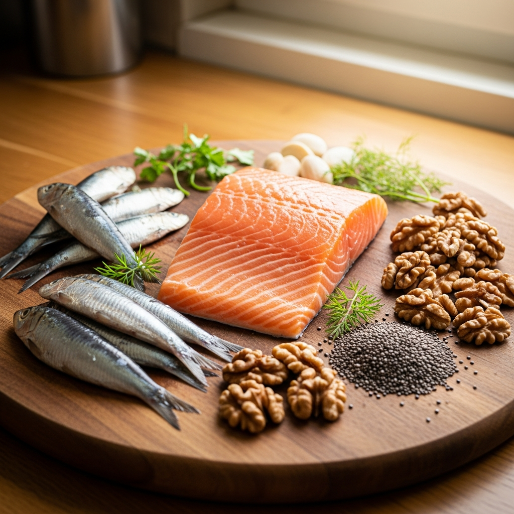 Alimentos ricos en omega-3 incluyendo salmón y nueces para el desarrollo del cerebro fetal