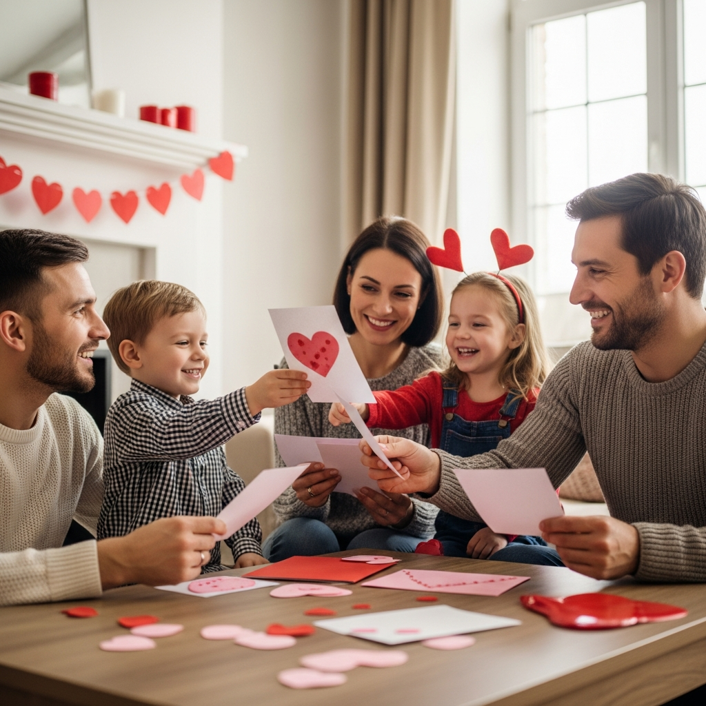 Familien-Valentinstag-Feier mit Kindern, die Karten austauschen