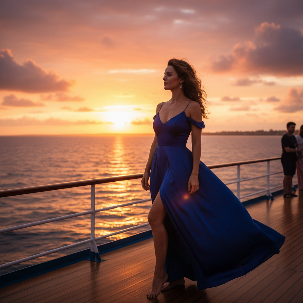Woman in deep blue maxi dress on sunset cruise boat deck with golden hour light
