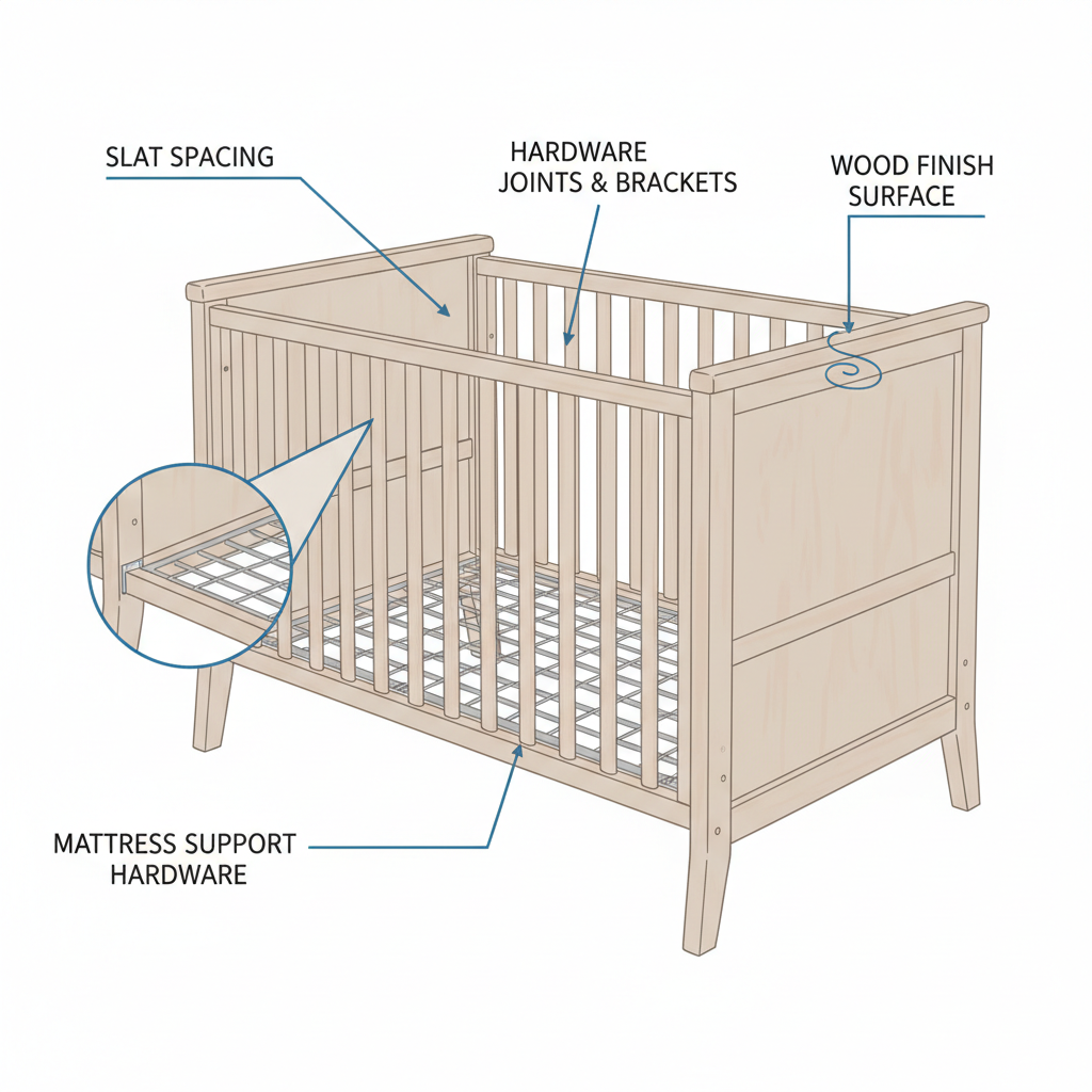 Crib safety inspection points — slat spacing, hardware, and finish for new parents