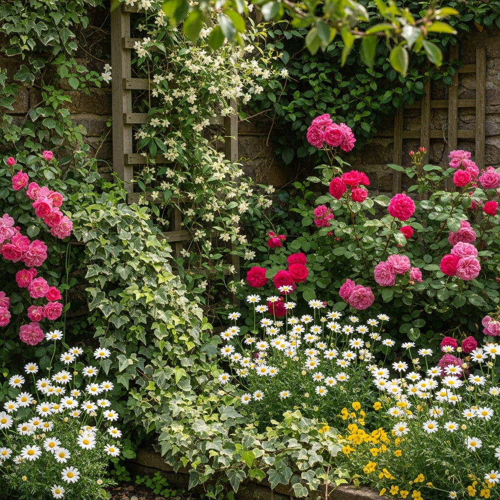 Jardin cottage classique avec fleurs rose daisy ivy jasmine