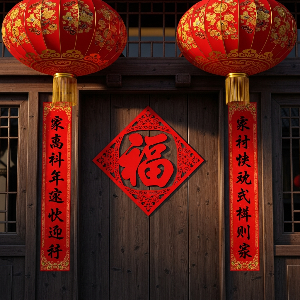 Traditionelle rote Dekorationen zum Chinesischen Neujahr mit Laternen und Fu-Zeichen