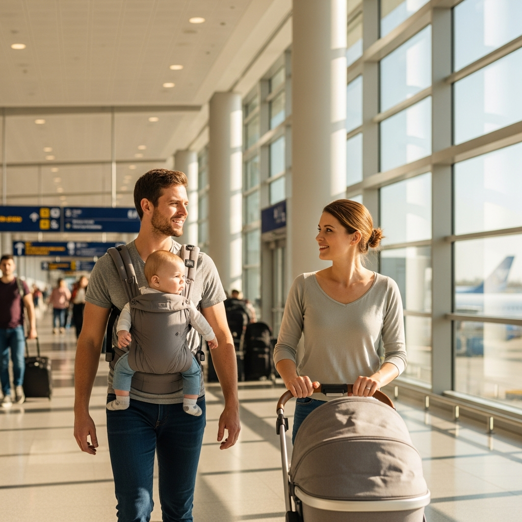 Parents with baby carrier navigating airport terminal