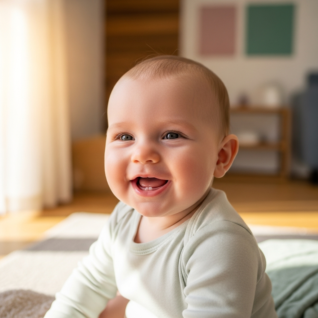 Baby-Hautverbesserung nach dem Wechsel zu Bambus-Babykleidung, glückliches Baby mit klarer gesunder Haut