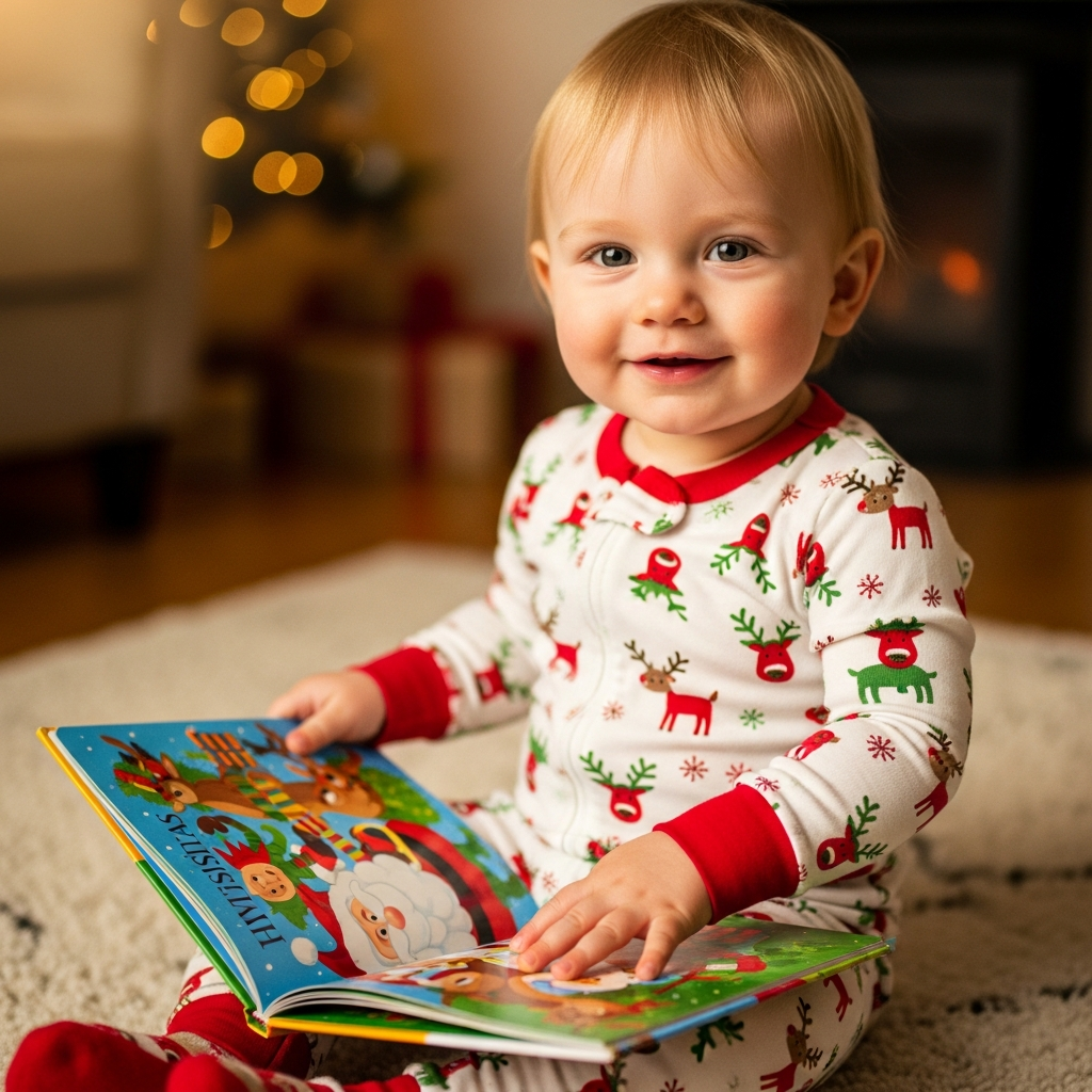 Tout-petit en pyjama festif avec un livre illustré de Noël