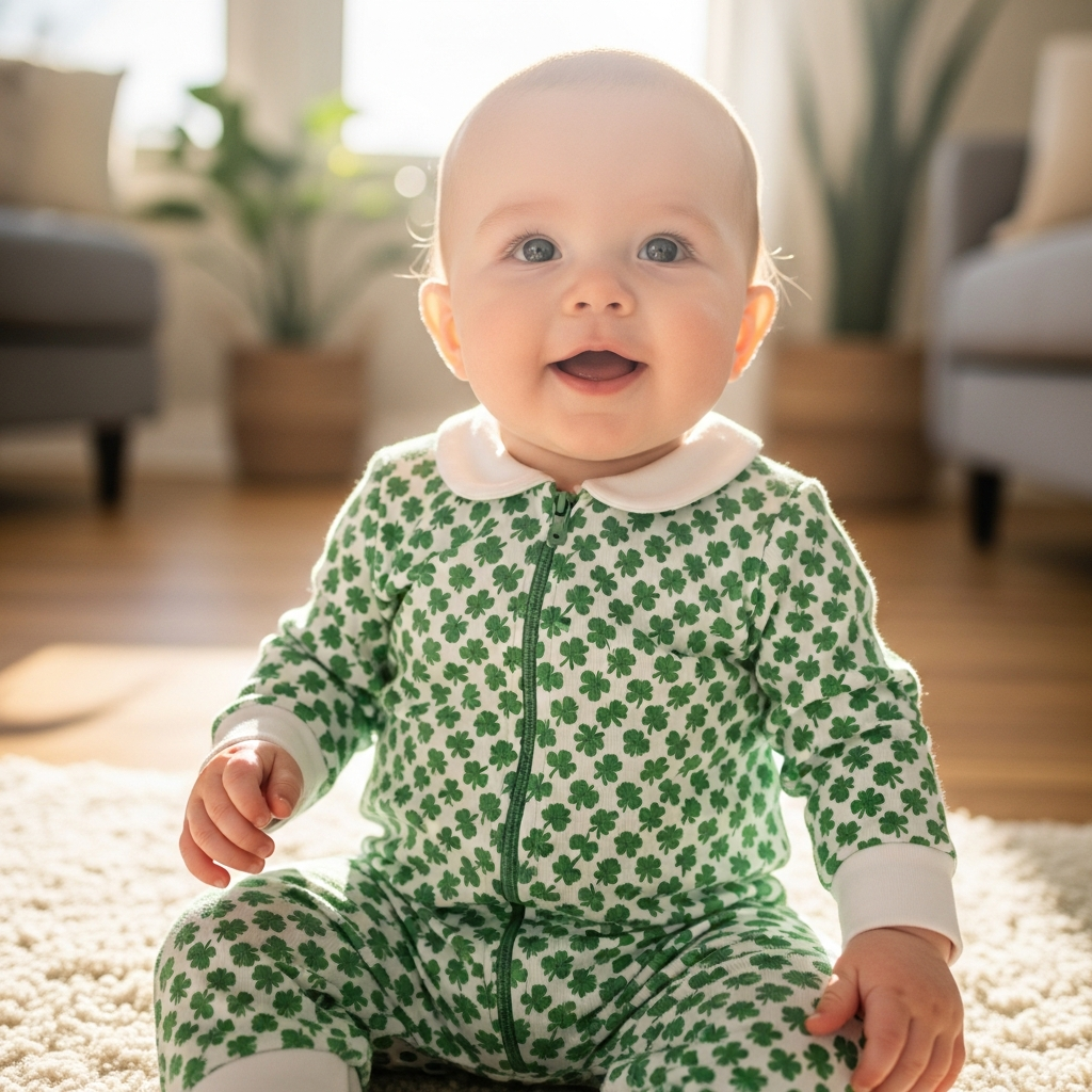 Bebé adorable con enterizo body de trébol verde para ideas de atuendos del Día de San Patricio para bebés