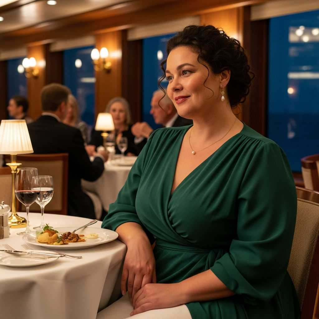 Plus size woman in elegant wrap dinner dress at cruise ship dining room evening setting