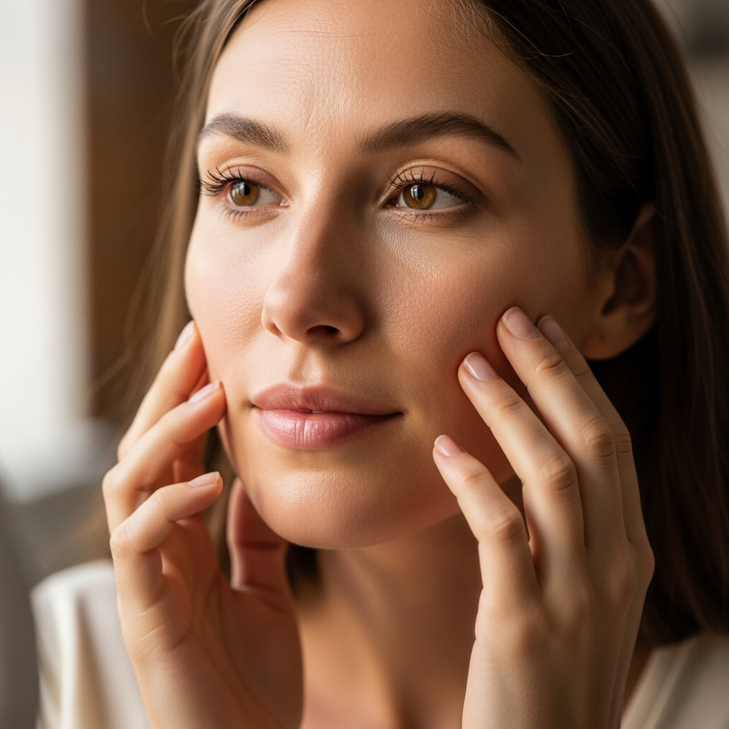 Pregnant woman examining skin changes during pregnancy, illustrating common conditions like melasma and acne
