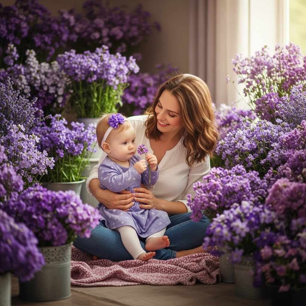 Guide visuel des noms de bébé fille pourpres et violets avec des fleurs de lavande